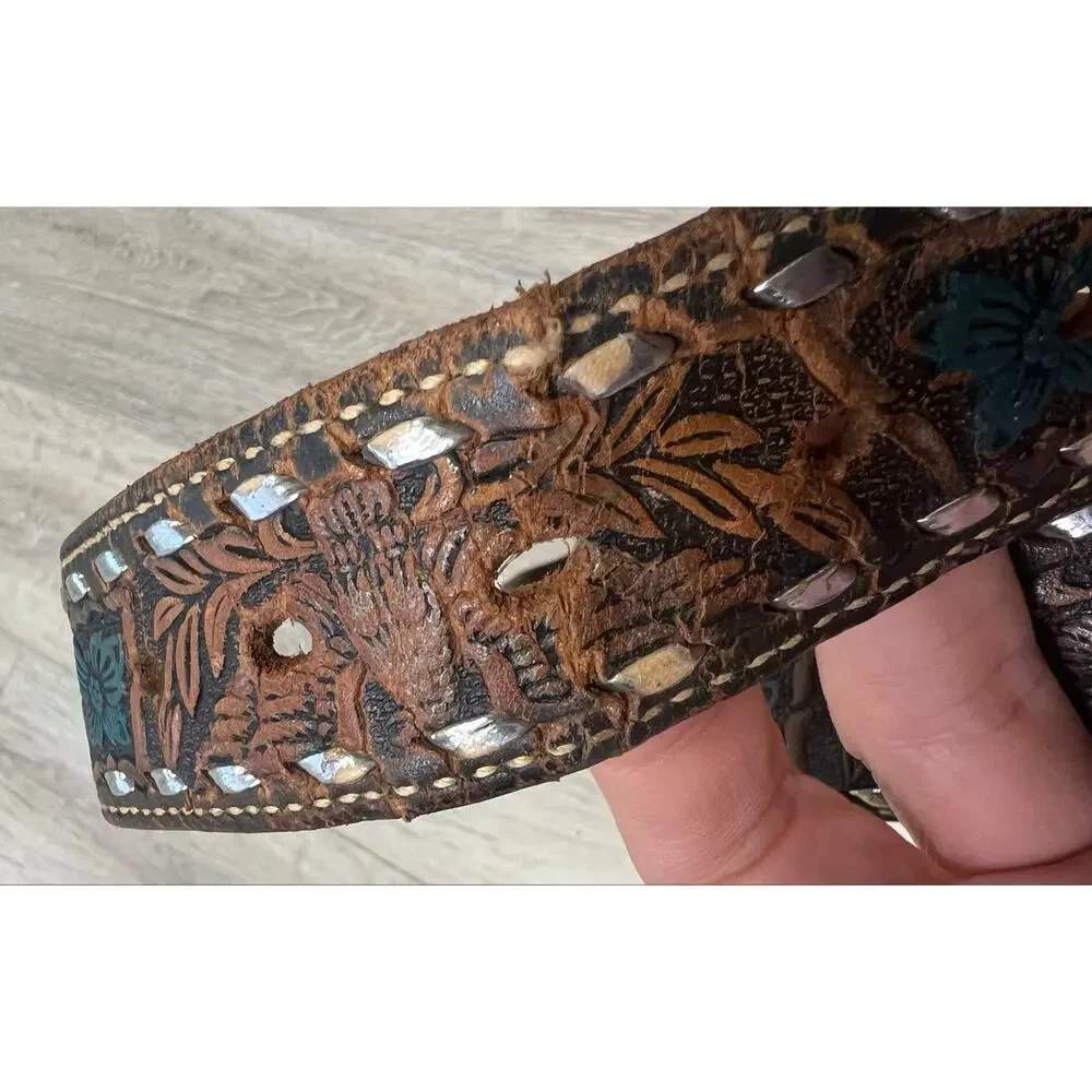 Vintage Dun Dee Size 42 Tooled Leather Eagle Western Cowboy Belt Silver Lacing